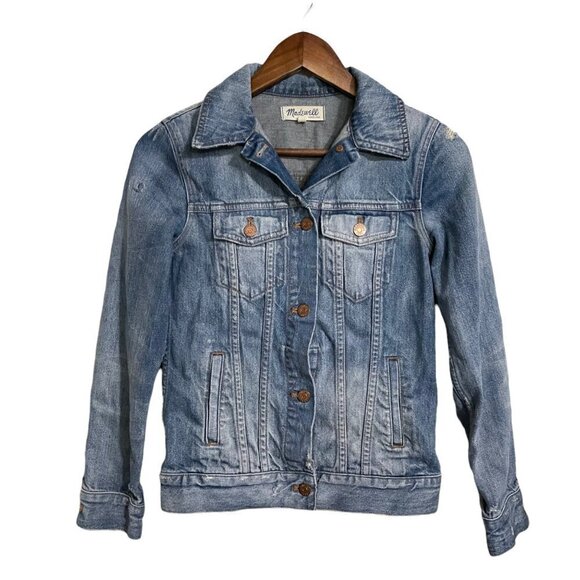 Madewell Womens Medium Wash Distressed Pockets Button Up Denim Jean Jacket XS - Picture 2 of 10